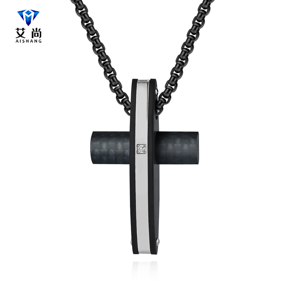 Hip-Hop Retro Cross Carbon Fiber Titanium Steel Men's Pendant Necklace