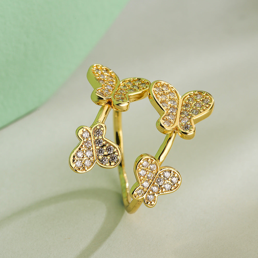 Elegant Geometric Butterfly Leaf 18K Gold Plated Zircon Open Ring