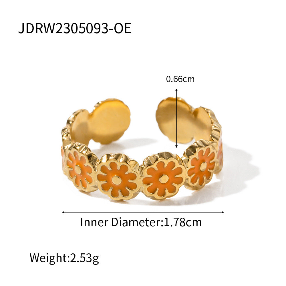 Vacation Enamel Daisy Adjustable 18K Gold Plated Stainless Steel Ring