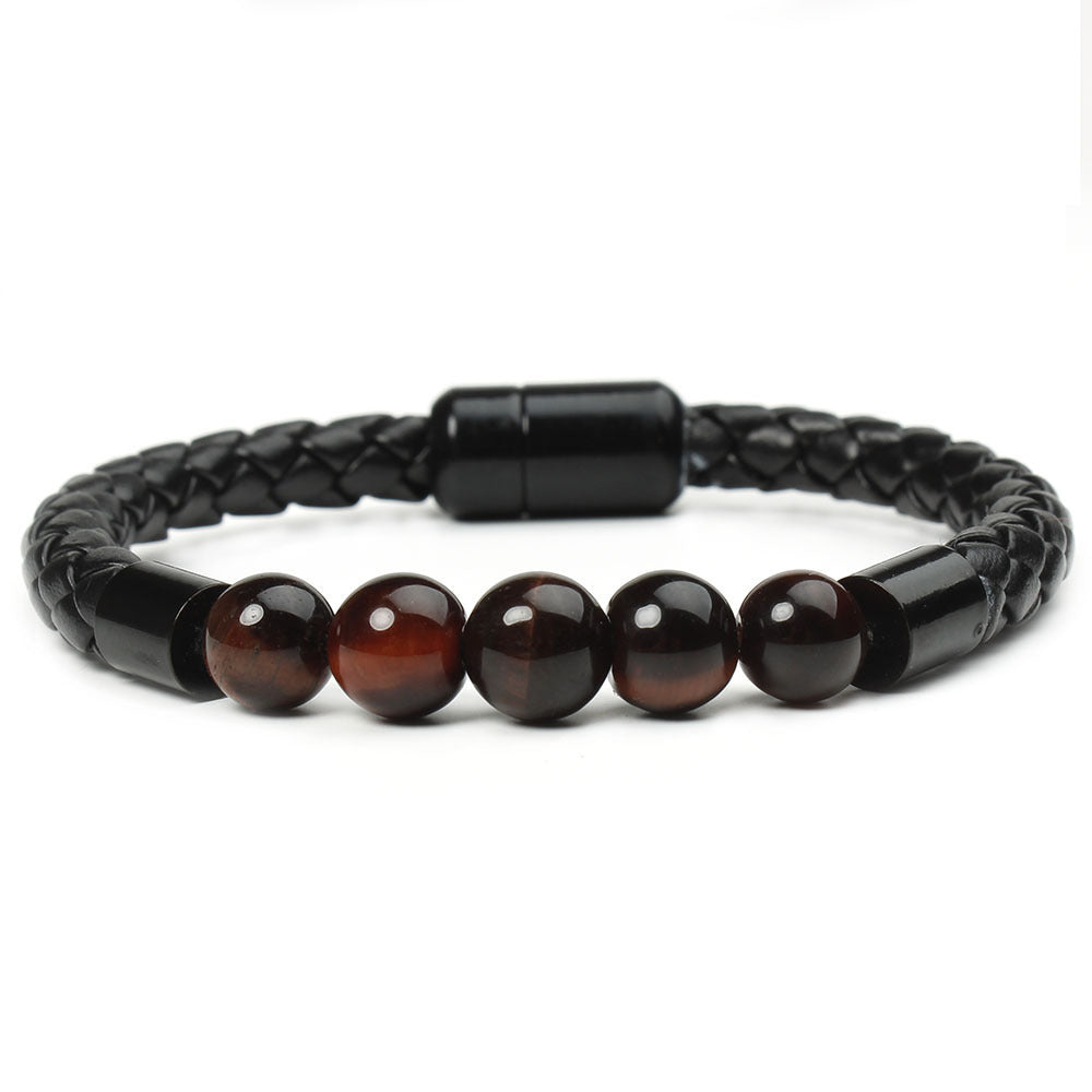 Retro Geometric Tiger Eye Stone Beaded Leather Bracelet