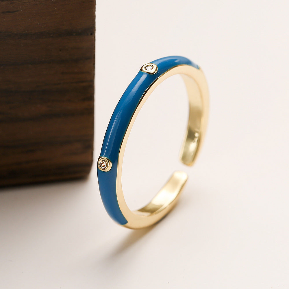 Simple Style 18K Gold Plated Zircon Enamel Open Ring