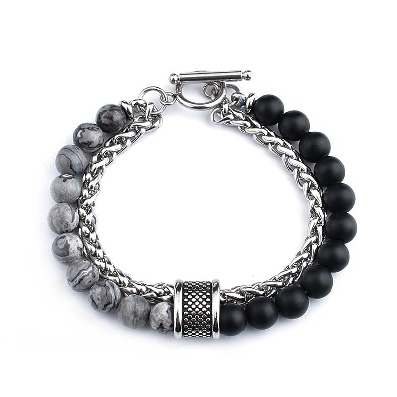 Casual Stainless Steel Matte Black Stone Beaded Men's Bracelet