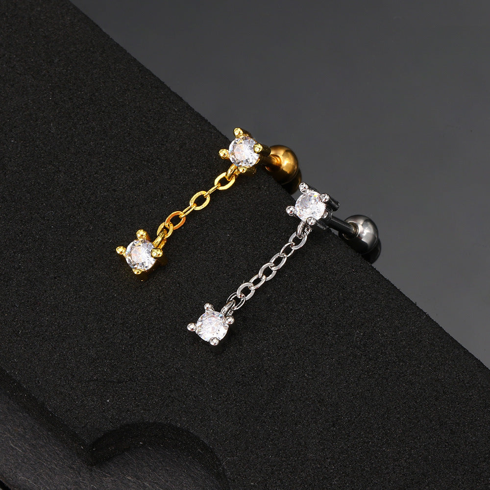 Geometric Brass Plated Rhinestone Ear Cartilage Studs with Zircon Paper Clip Chain Earrings