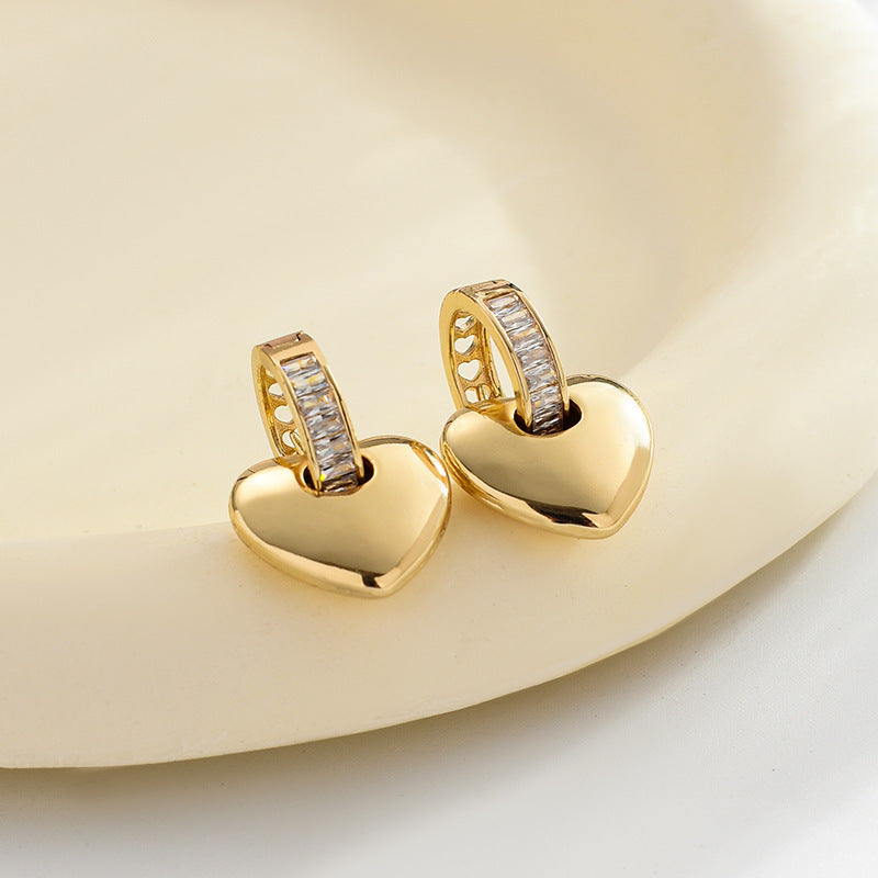 Elegant Heart-Shaped Gold Plated Zircon Copper Earrings