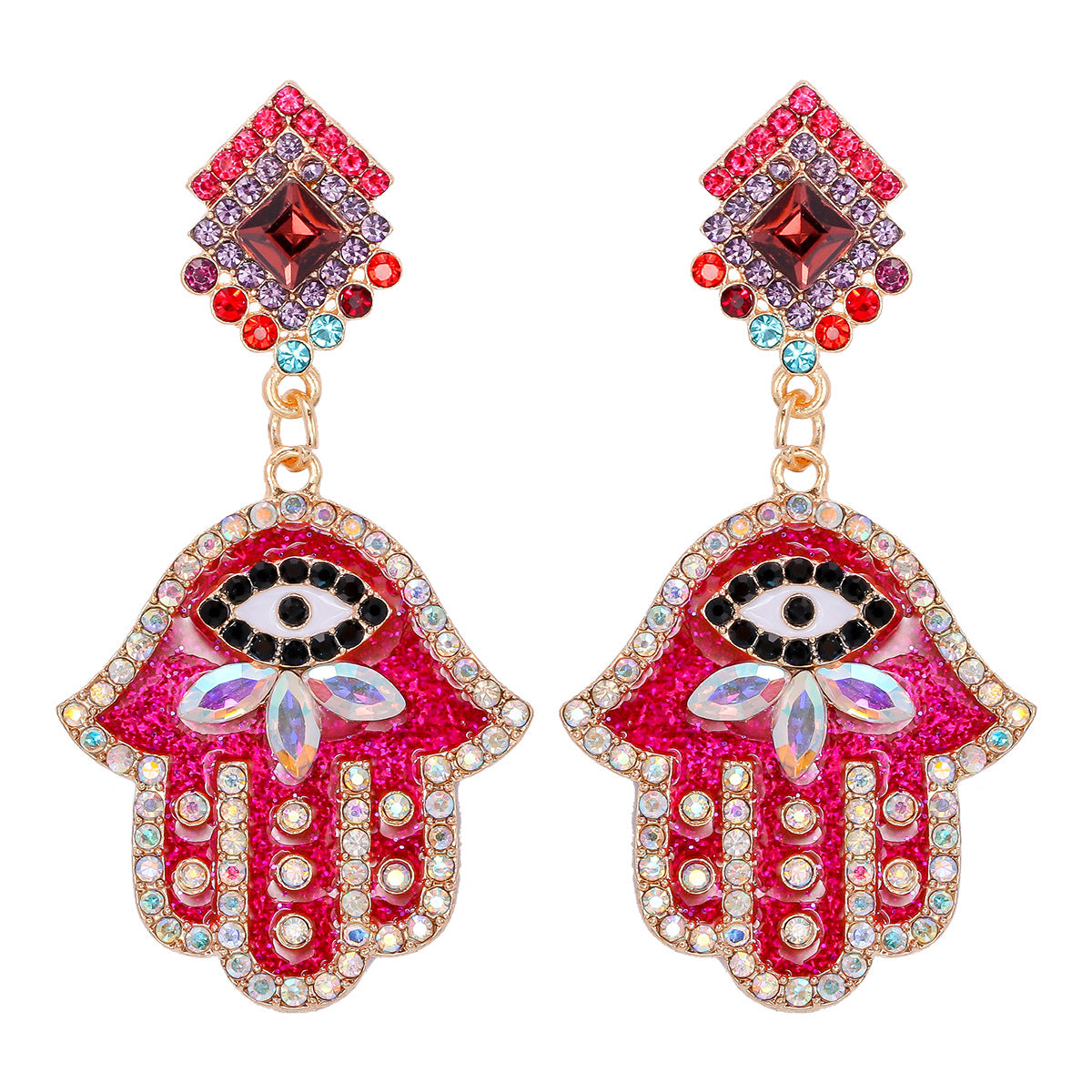 Hand Shaped Alloy Earrings with Enamel Eye Design