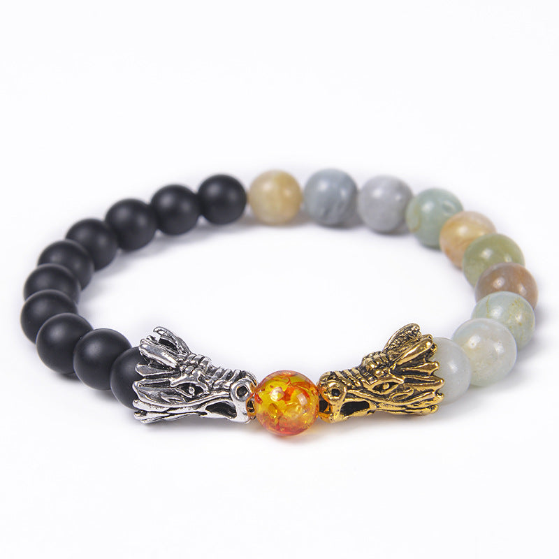 Classic Round Natural Stone Beaded Bracelet with Dragon Head and Matte Tiger Eye Beads