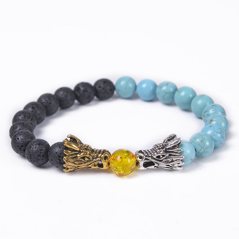 Classic Round Natural Stone Beaded Bracelet with Dragon Head and Matte Tiger Eye Beads