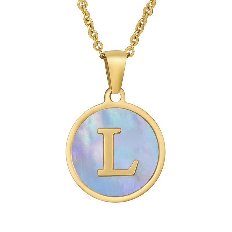 Titanium Steel Blue Shell Initial Pendant Necklace