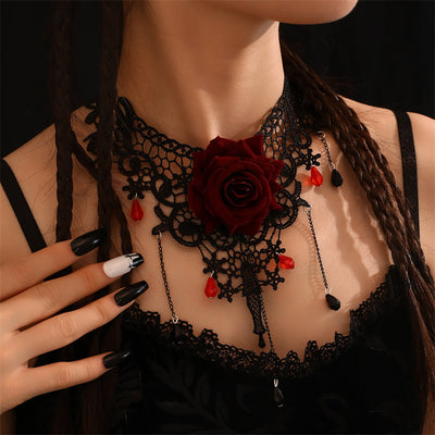 Gothic Rose Wings Lace Tassel Choker Necklace