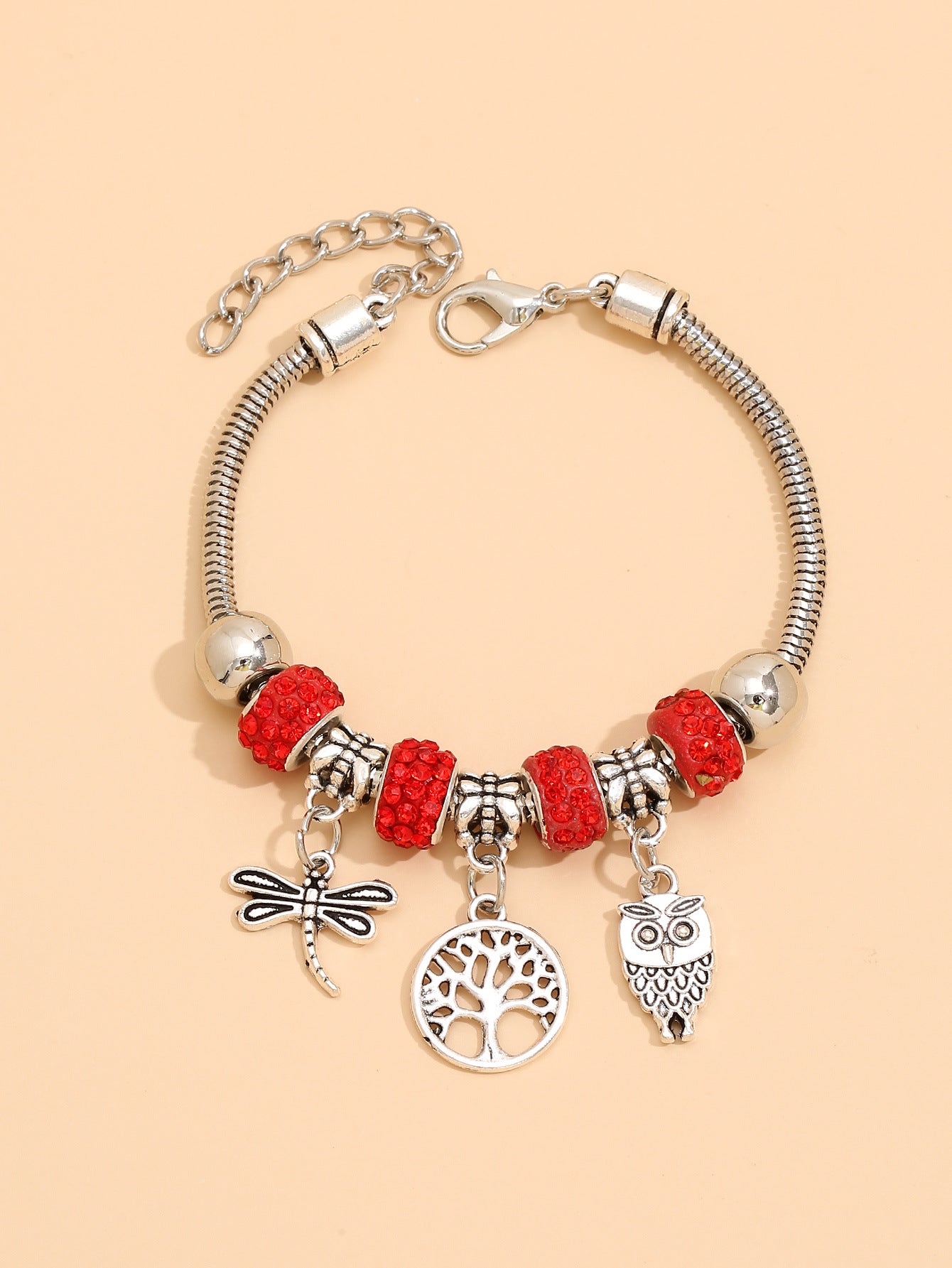 Geometric Alloy Unisex Bracelet with Tree of Life, Owl, and Dragonfly Pendants