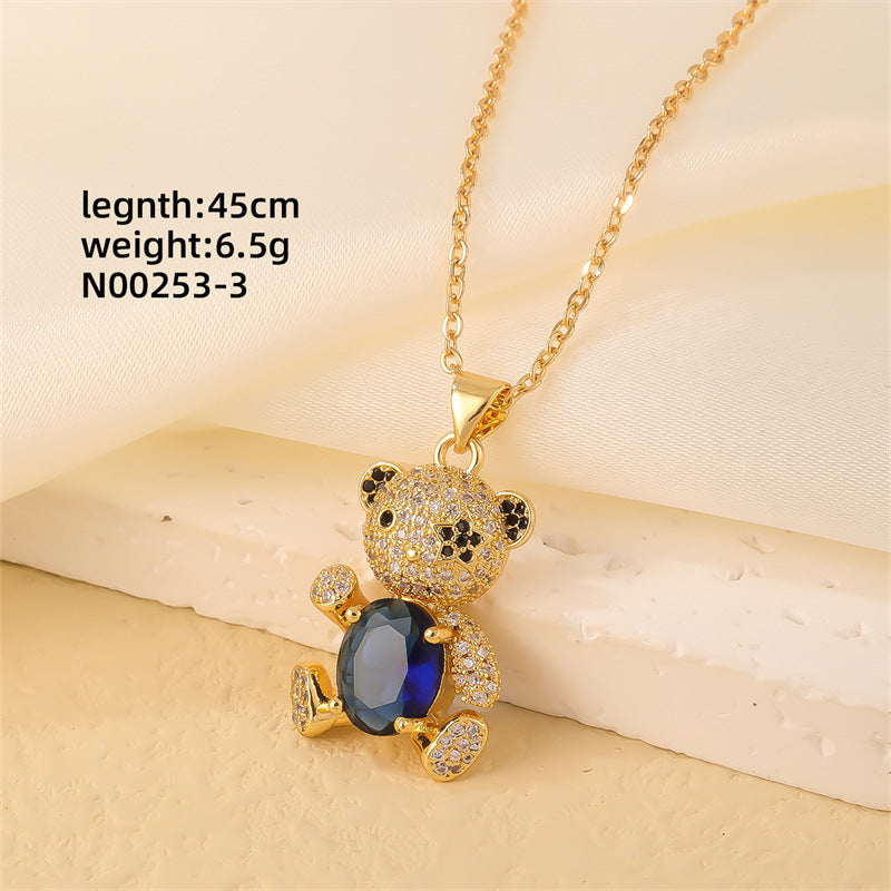 Cute Bear Zircon Pendant Necklace - Gold Plated Stainless Steel