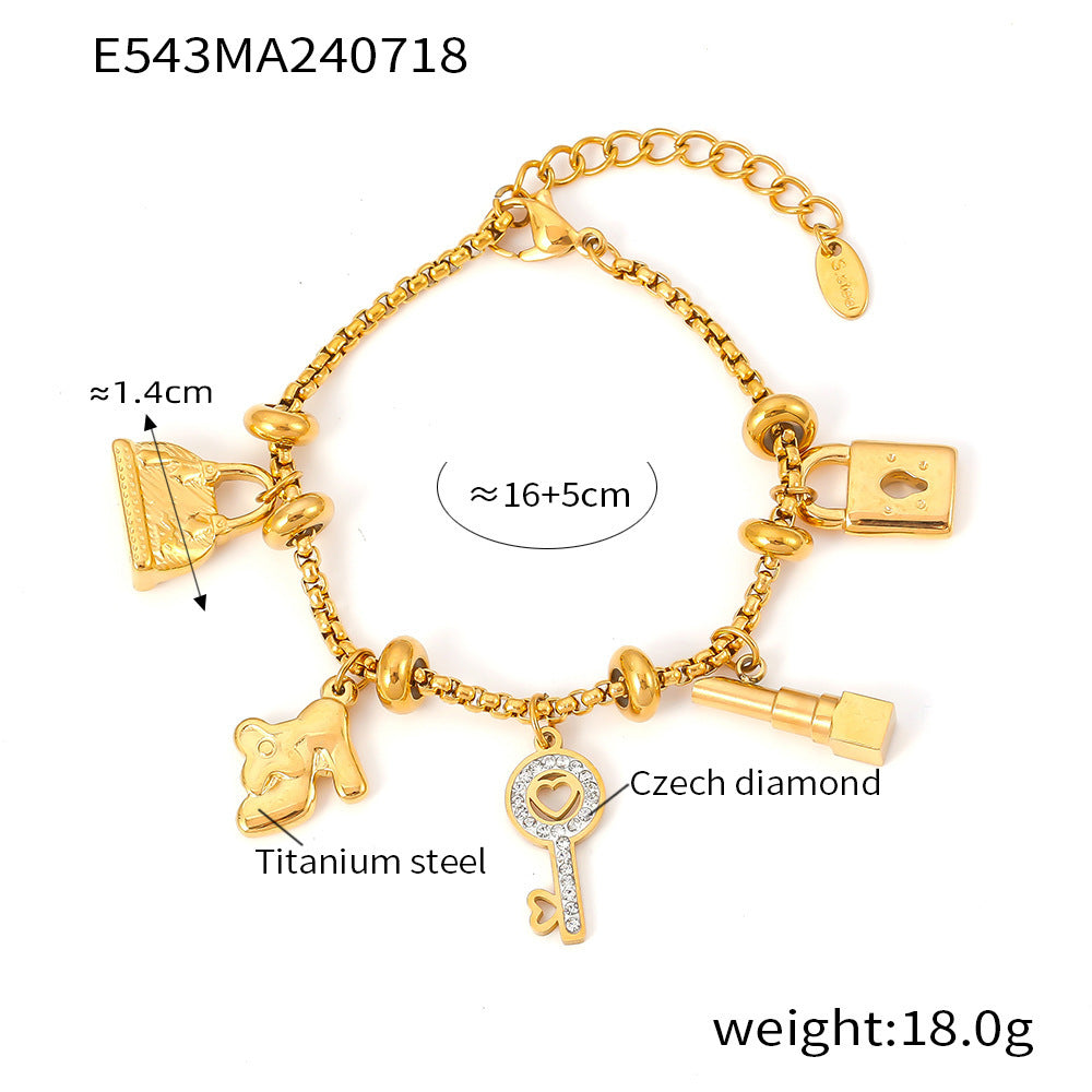 Luxurious Modern Titanium Steel 18K Gold Plated Key Lock and Multi-Element Tag Diamond Pendant Adjustable Bracelet