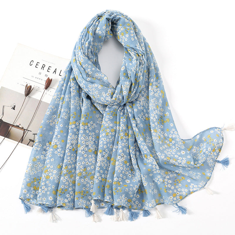 Women's Vintage Bohemian Floral Cotton Linen Print Scarf with Tassels