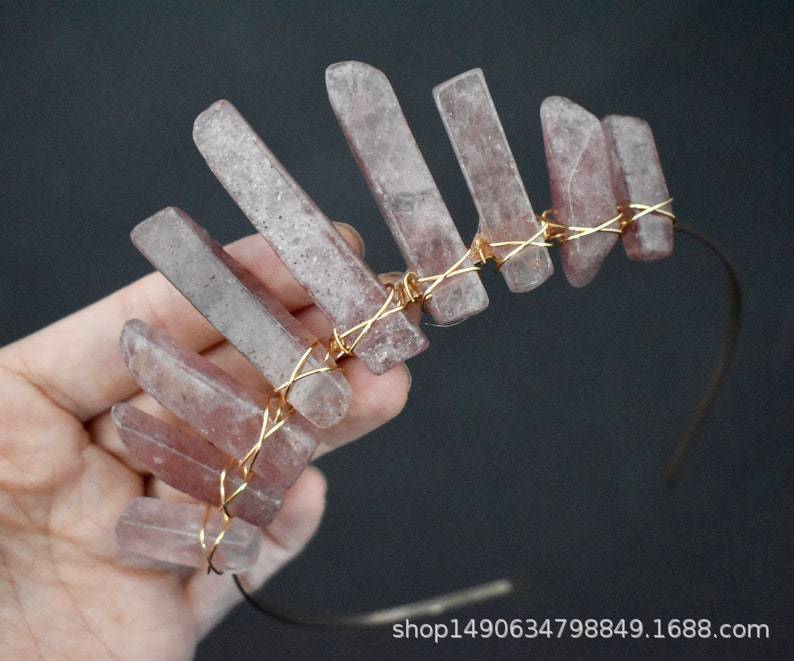 Ethnic Crystal Crown Handmade Hair Band with Natural Pink Quartz