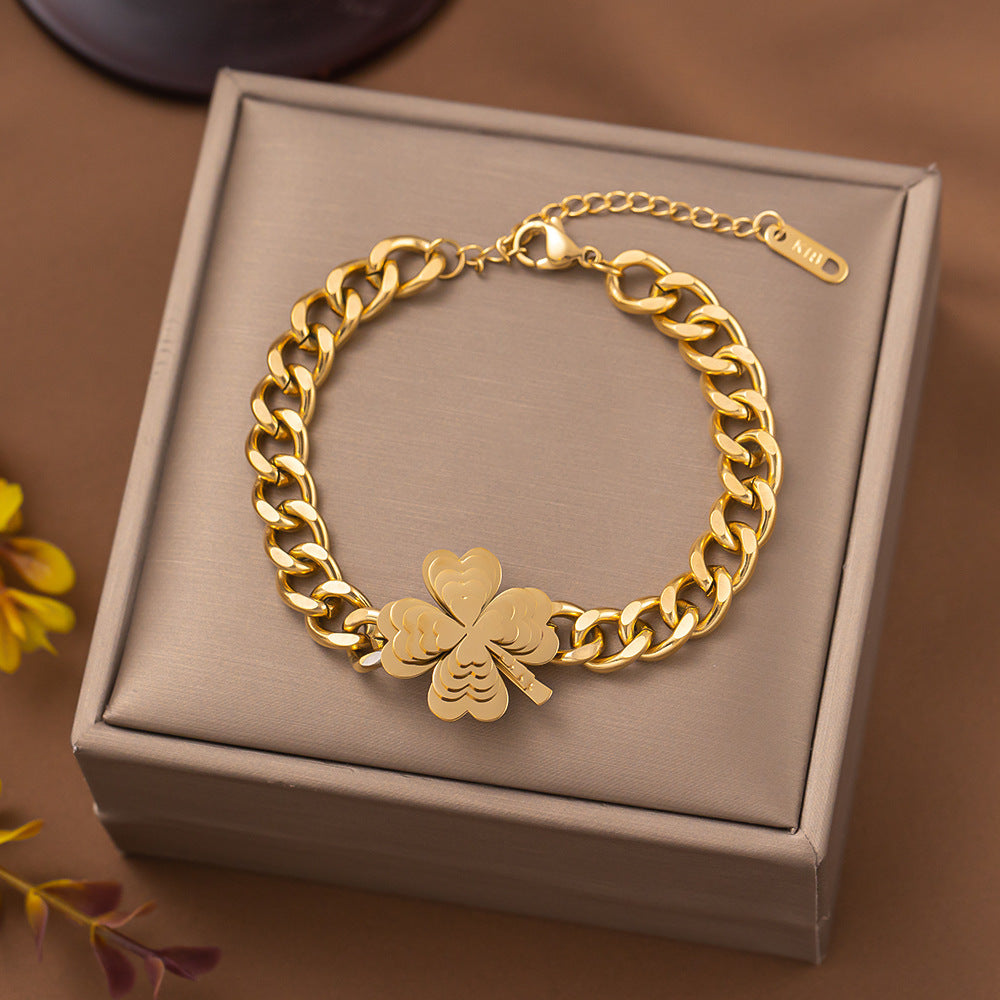 Retro Star 18K Gold Plated Stainless Steel Butterfly Flower Cuban Bracelet