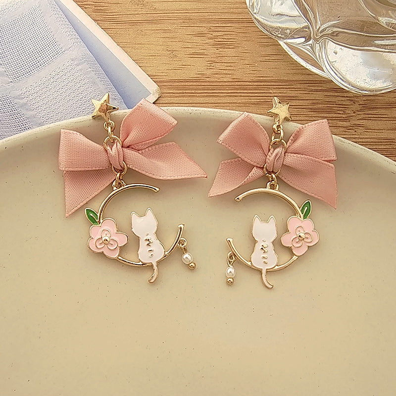 Fashion Cat Bow Knot Pink Enamel Pearl Drop Earrings with S925 Silver Needle