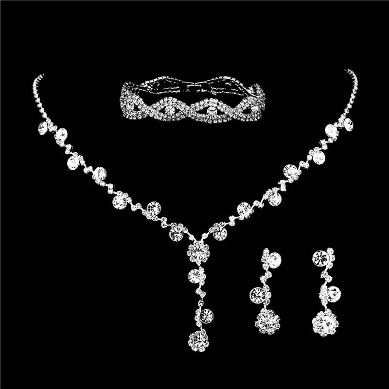 Simple Solid Color Zircon Rhinestone Bridal Jewelry Set - Necklace, Earrings, and Bracelet