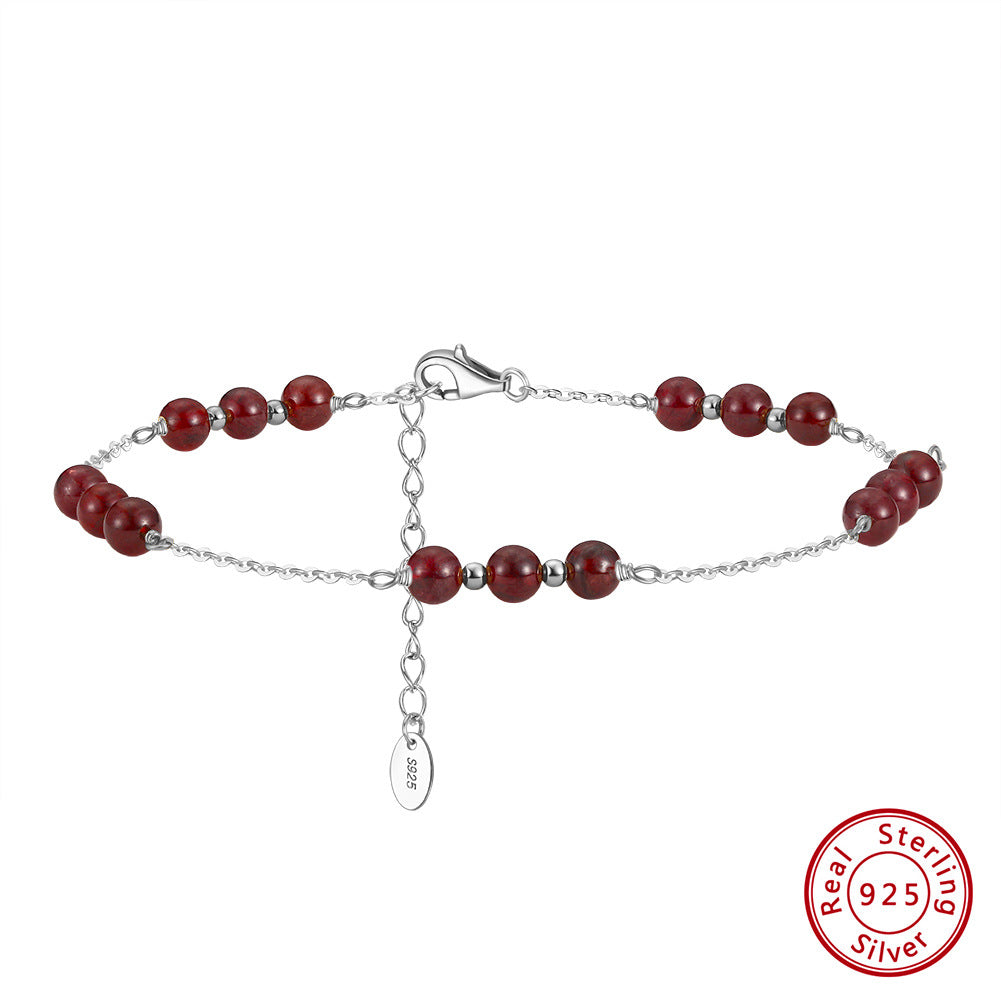 Simple Solid Color Natural Stone Garnet Sterling Silver Women's Anklet