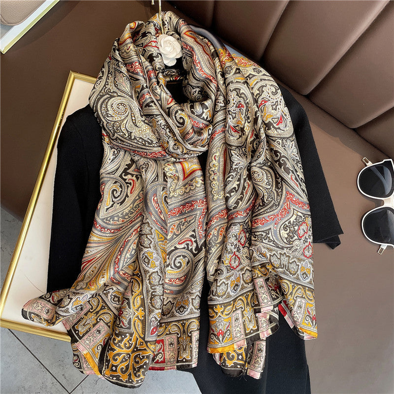 Women's Retro Printed Satin Silk Scarf Shawl Wrap