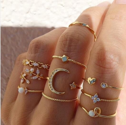 Simple Geometric Rhinestone Crescent Moon Ring Set - 9 Pieces