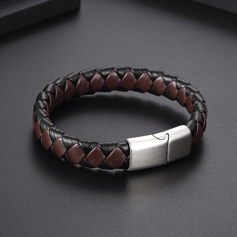 Retro Stainless Steel Magnetic Buckle Men's Leather Bracelet