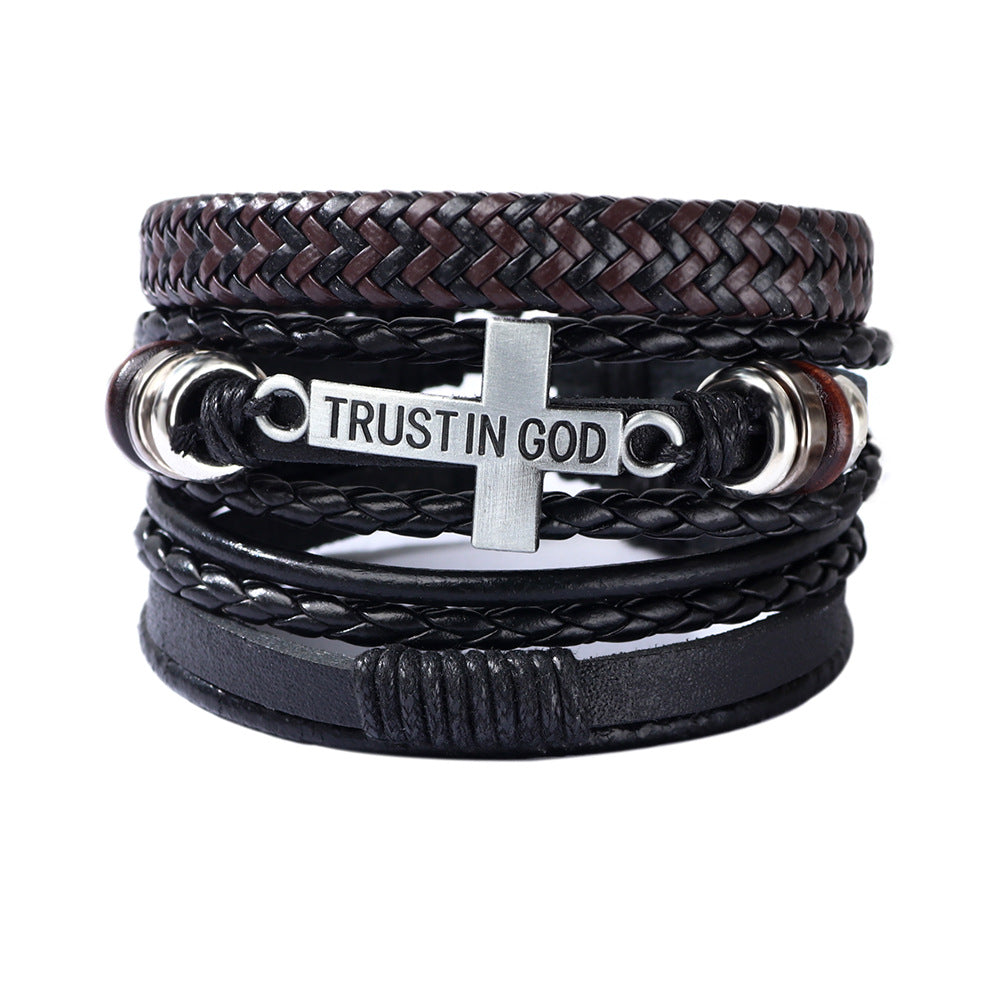 Fashion Cross PU Leather Unisex Bracelet Set - Hand-Woven Cowhide and Alloy Combination