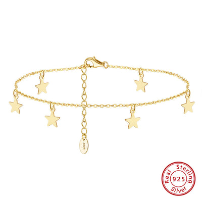 Elegant Star Adjustable Sterling Silver Anklet with 14k Gold and White Gold Plating