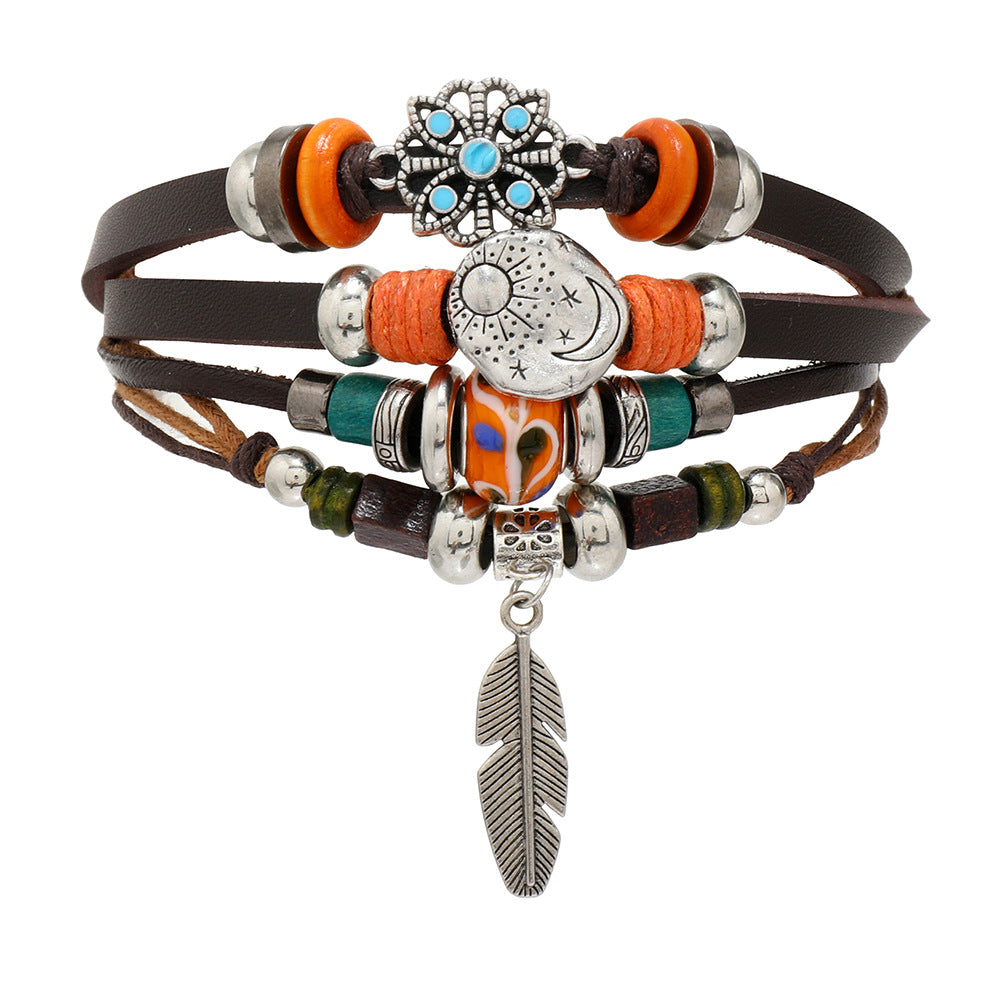 Retro Ethnic Style Color Block PU Leather Bracelet with Beaded Feathers and Tree of Life Turquoise Accents