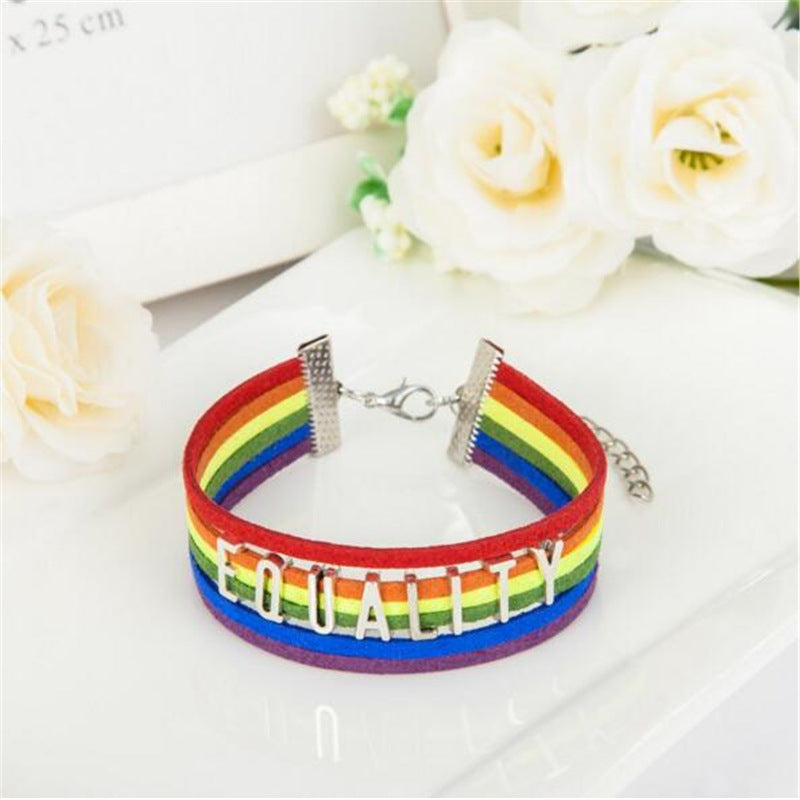 Romantic Rainbow Alloy Flannel Braid Valentine's Day Couple & Multi-Layer Alphabet Hand-Woven Bracelet