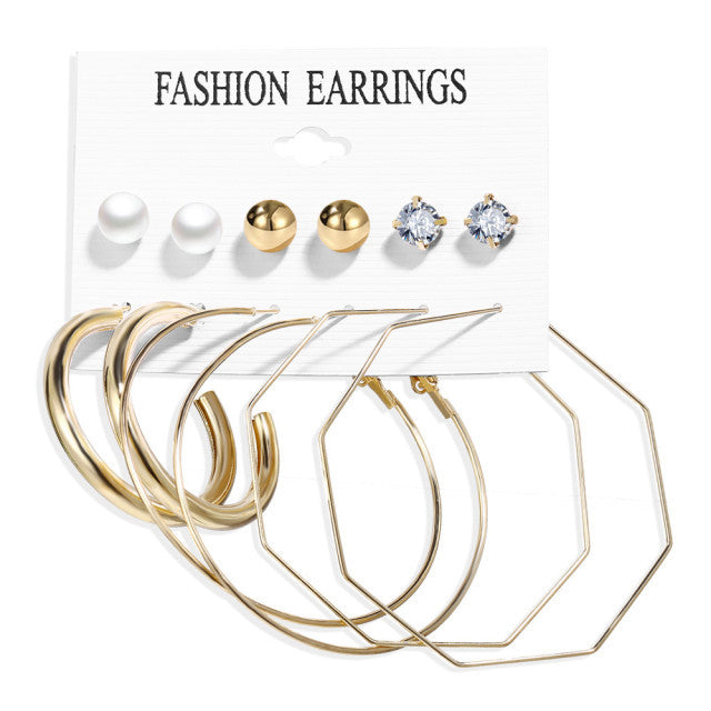 European Love Heart & Pearl Diamond Earring Set - 6 Piece Gold Round Ring Collection