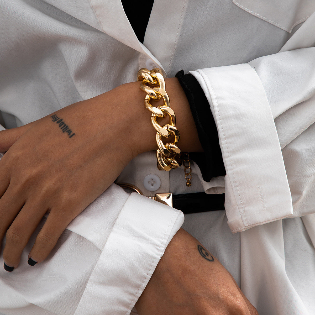 Geometric Iron Women's Bracelet with Gold and Silver Faceted Twisted Chain