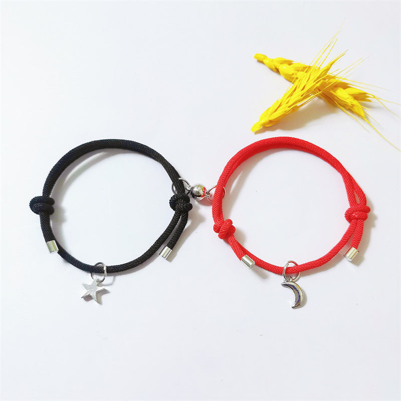 Simple Star and Moon Magnetic Couple Bracelets - Handmade Adjustable Rope Pair