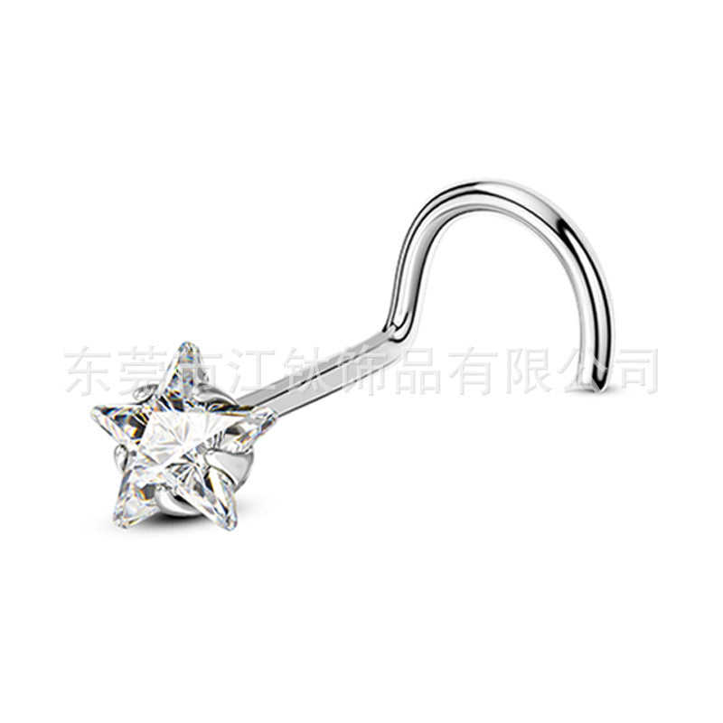 1 Piece Nose Rings & Studs Basic Simple Style Pentagram Heart Shape Pure Titanium Inlay Zircon Nose Rings & Studs