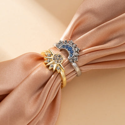 Modern Asymmetrical Sun Moon Rhinestone Couple Rings Set