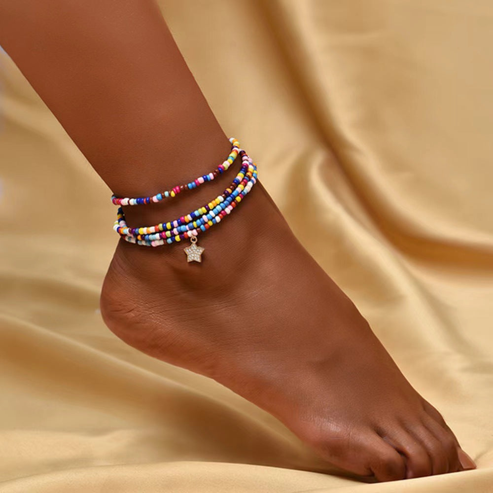 Beach Bohemian Heart Shape Beaded Rhinestone Anklet with Shell Pendant