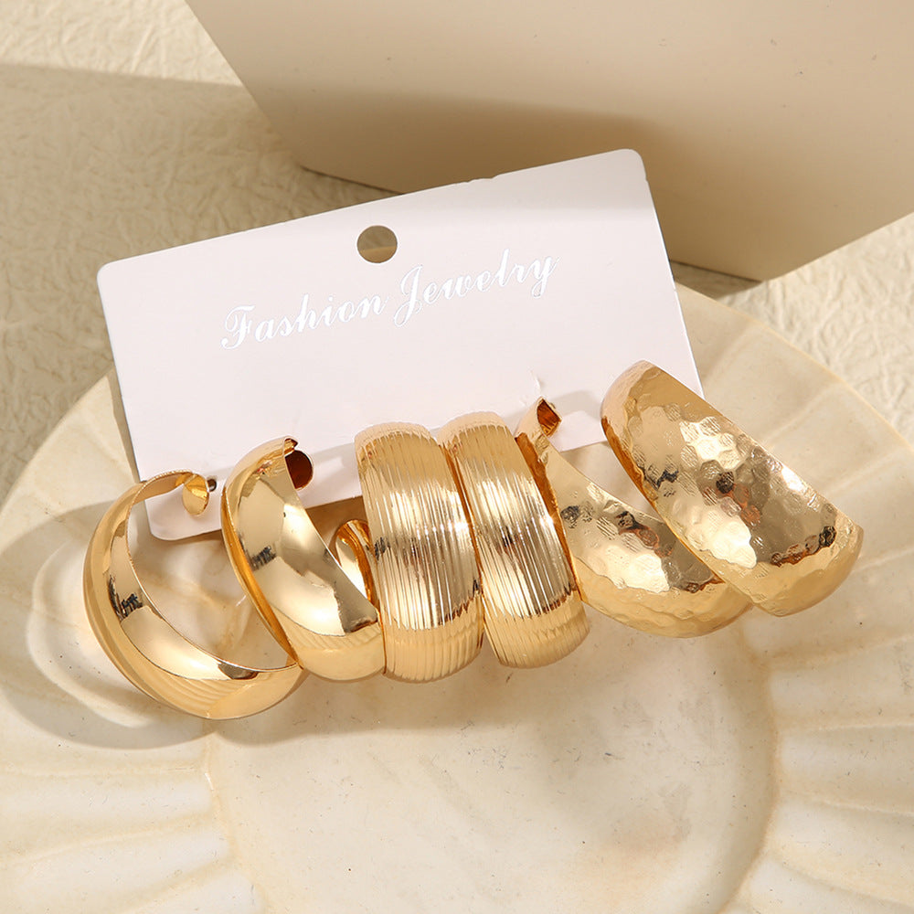 Vintage C Shape Textured Hoop Earrings Set - Gold & Silver Plated