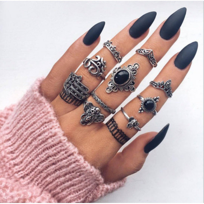 Bohemian Retro Punk Elephant Opal Crystal Midi Knuckle Ring Set for Women