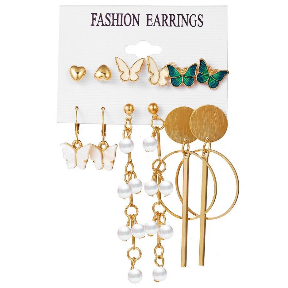 Elegant Geometric Butterfly and Leopard Print Pearl Earring Set - 6 Pairs