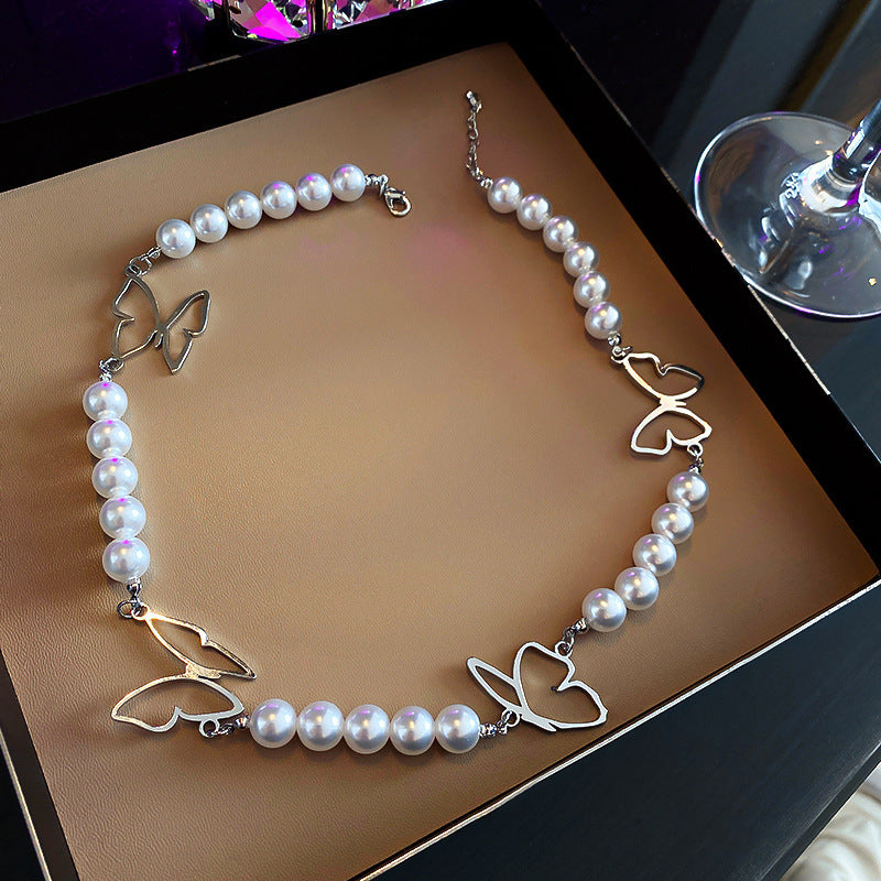 Elegant Korean Butterfly Rhinestone Pearl Choker Necklace