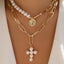 Simple Classic Cross Gold Plated Layered Necklace with Pearl Pendant