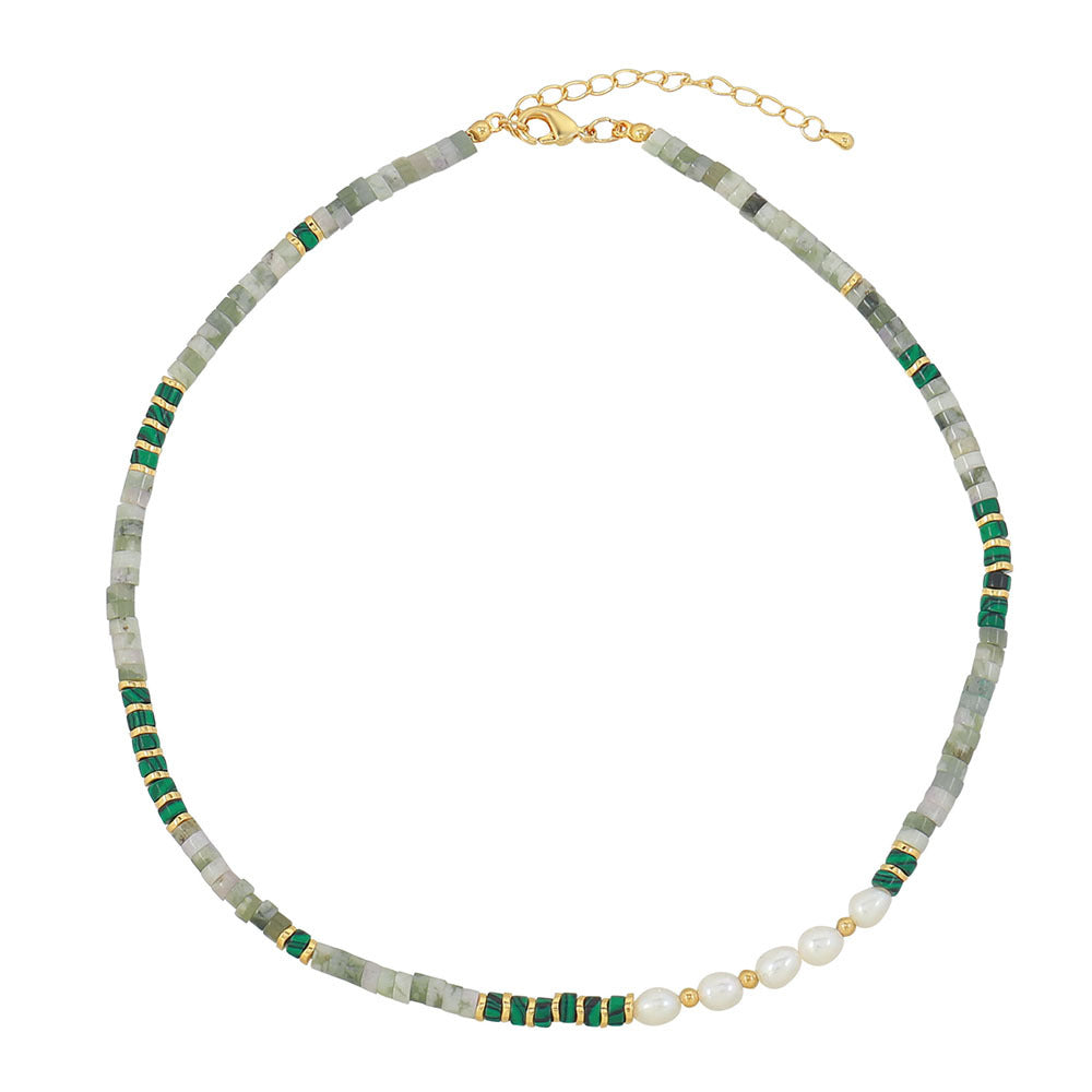 Retro Geometric Malachite Freshwater Pearl Beaded Necklace