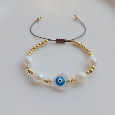 Evil Eye Freshwater Pearl Shell Copper Beaded Bracelet