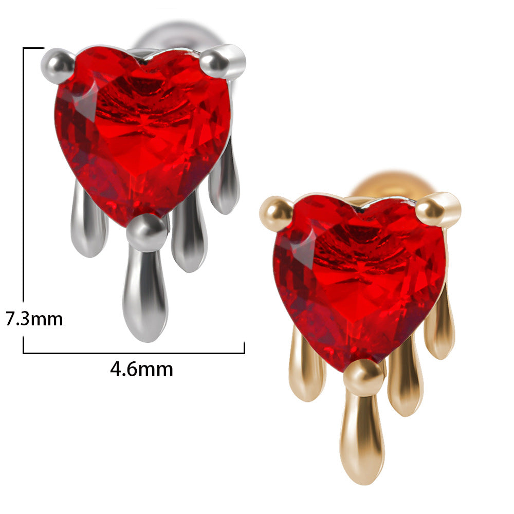 Heart Shape Stainless Steel Rhinestone Stud Earrings with Chain