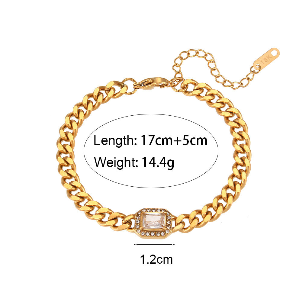 18K Gold Plated Zircon Stainless Steel Cuban Chain Bracelet Necklace Set