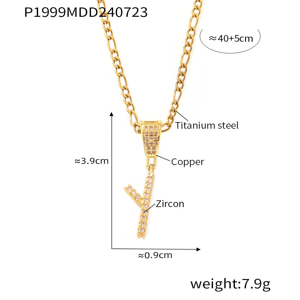 18K Gold Plated Titanium Steel Cursive Letter Pendant Necklace with Zircon Accents