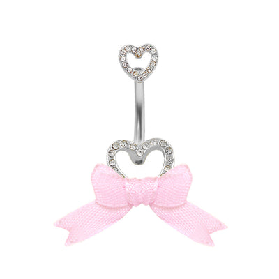 IG Style Shiny Heart Bow Knot Belly Ring 316 Stainless Steel with Rhinestones Gold Plated