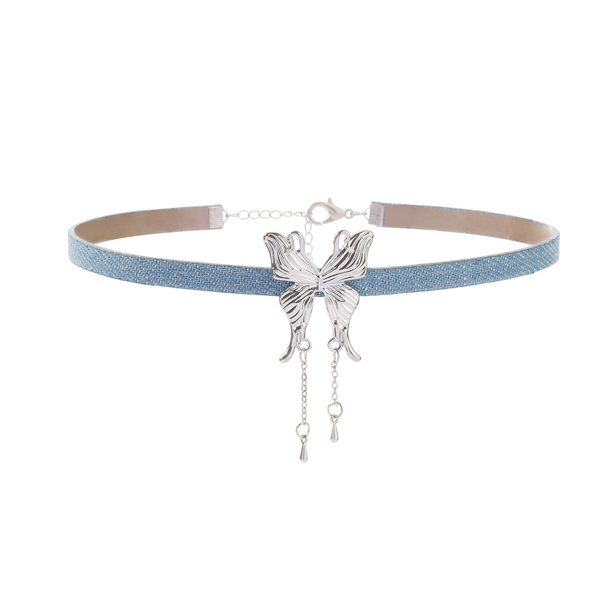 Minimalist Floral Denim Alloy Choker Necklace with Tassel Design