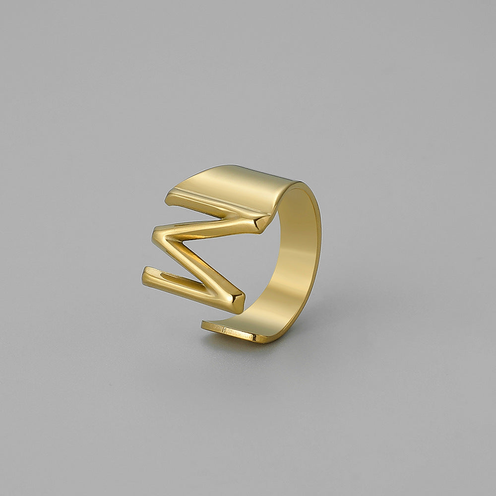 Fashion Alphabet Titanium Steel Gold Plated Open Ring