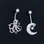 Novelty Streetwear Moon Octopus Heart Zircon Inlay White Gold Plated Belly Ring