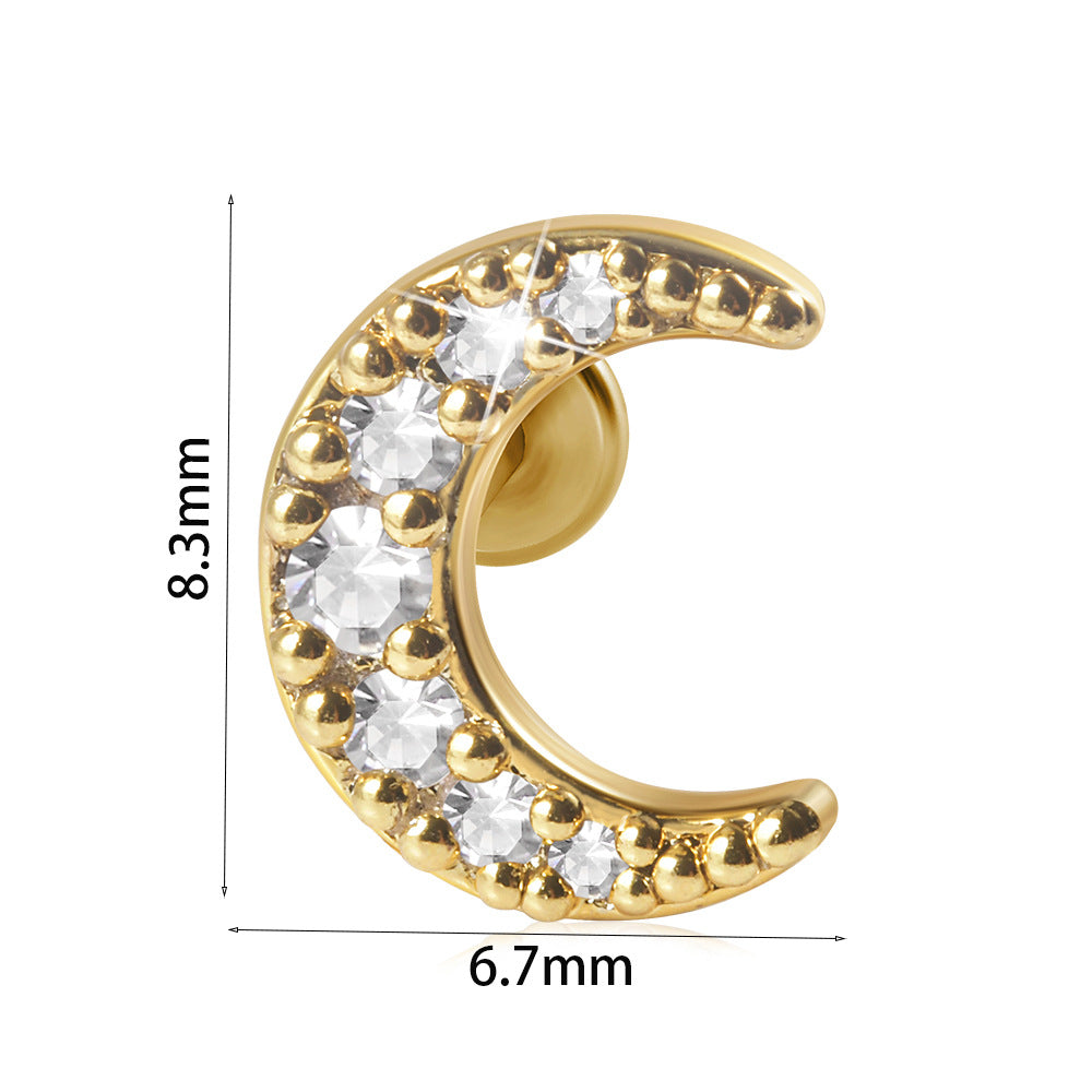 Heart & Moon Zircon Inlay 18K Gold Plated Lip Rings & Stud Earrings Set